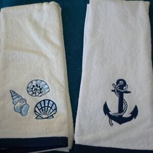 2 Pc Summer Nautic Bath Hand Towels Shells Anchor